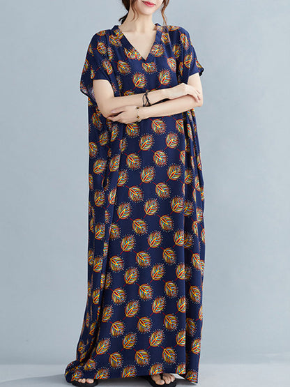 Vintage Printed V-Neck Batwing Short Sleeves Maxi Dress