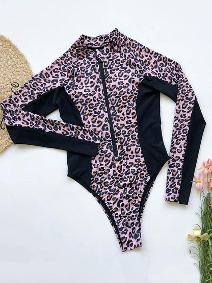 Leopard-Print Zipper Long Sleeves Wetsuit