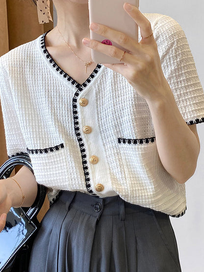 Casual Black&White V-Neck Short Sleeves Knitwear Cardigan