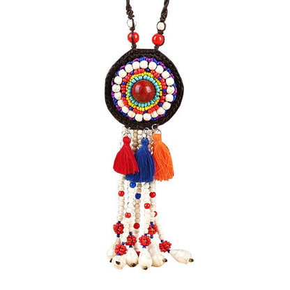 Buykud Colored Tassels And Turquoise Long Woven Necklace