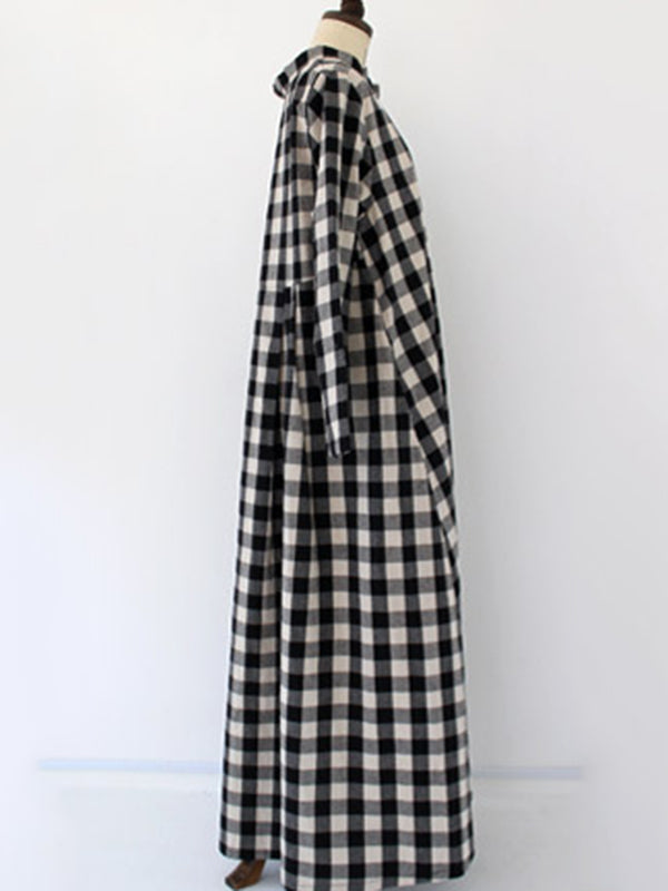 Artistic Retro Loose A-Line Plaid Stand Collar Long Sleeves Maxi Dress
