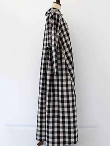 Artistic Retro Loose A-Line Plaid Stand Collar Long Sleeves Maxi Dress