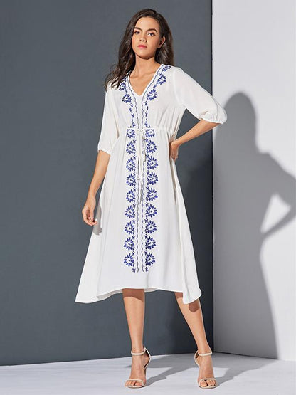 Bohemia Embroidered Floral V Neck Midi Dress