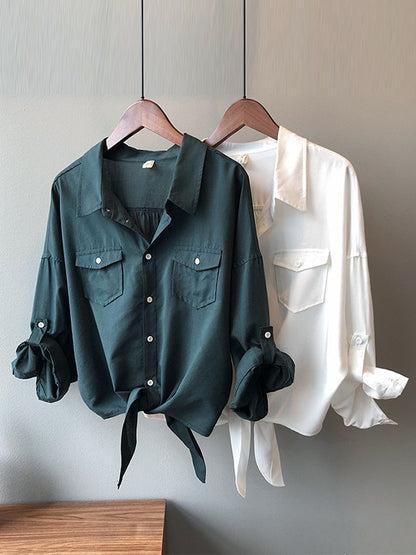 Urban Simple Solid Color Buttoned Split-Joint With Pocket Lapel Collar Long Sleeves Blouse