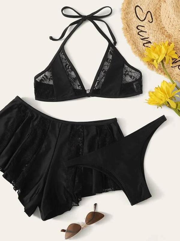 V-Neck Bandage Lace Split-Joint Split Type Bikini Swimsuit