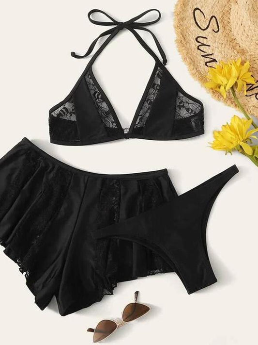 V-Neck Bandage Lace Split-Joint Split Type Bikini Swimsuit