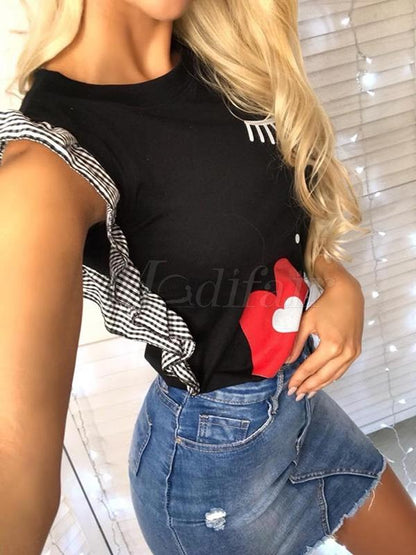 Cartoon Floral Printed Falbala Sleeves T-shirt