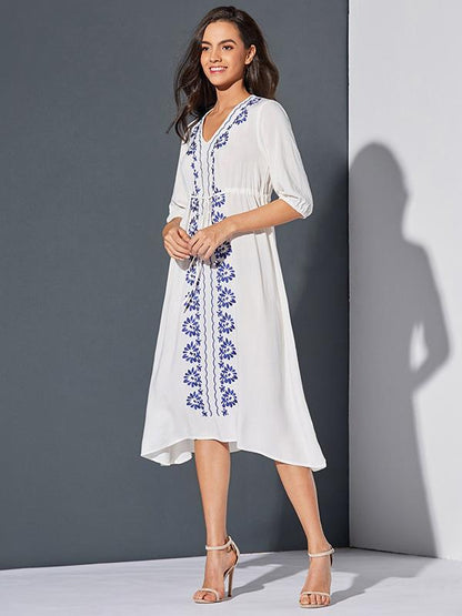 Bohemia Embroidered Floral V Neck Midi Dress