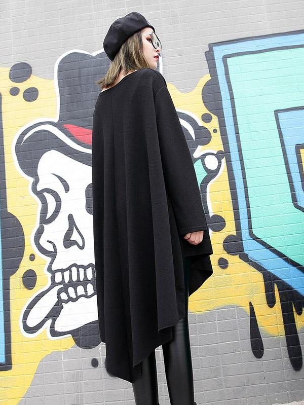 Loose Black Round-neck Asymmetric T-shirt Dress