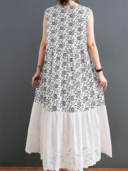 Loose Ramie Cotton National Printed Split-Joint Hollow Pleated Round-Neck Sleeveless Midi Dress