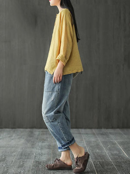 Artistic Retro Solid Shirt Blouse Tops