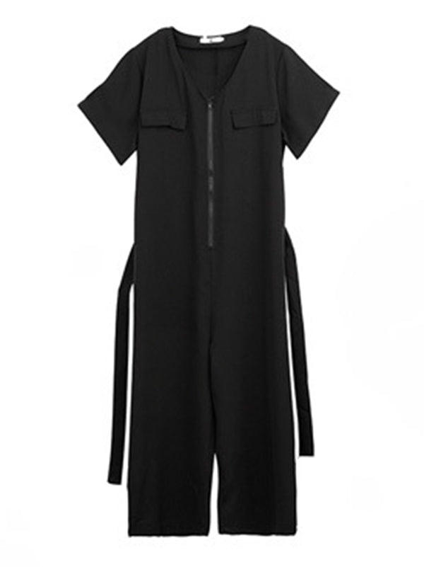 Casual Solid Color Split-Joint With Pocket Tied Zipper Short Sleeves Wide Legs Jumpsuits