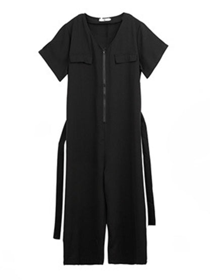 Casual Solid Color Split-Joint With Pocket Tied Zipper Short Sleeves Wide Legs Jumpsuits