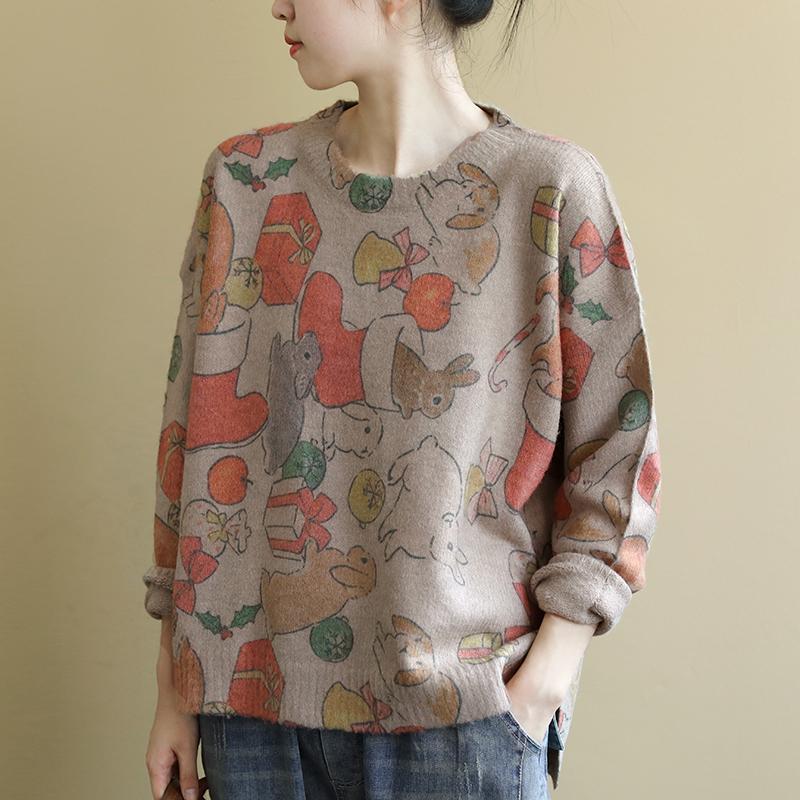 Buykud Loose O-neck Cartoon Printed Casual Sweater