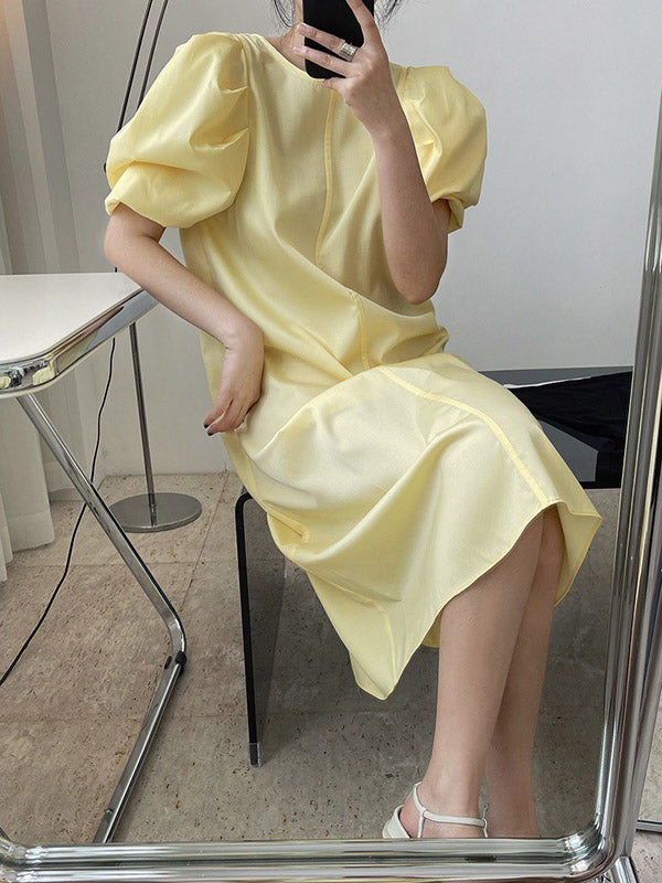 Girlish A-Line Puff Sleeves Round-Neck Midi Dress