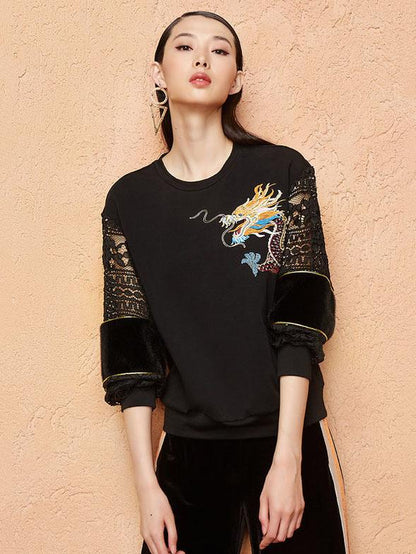Embroidery Hollow Lace Hoodies Top