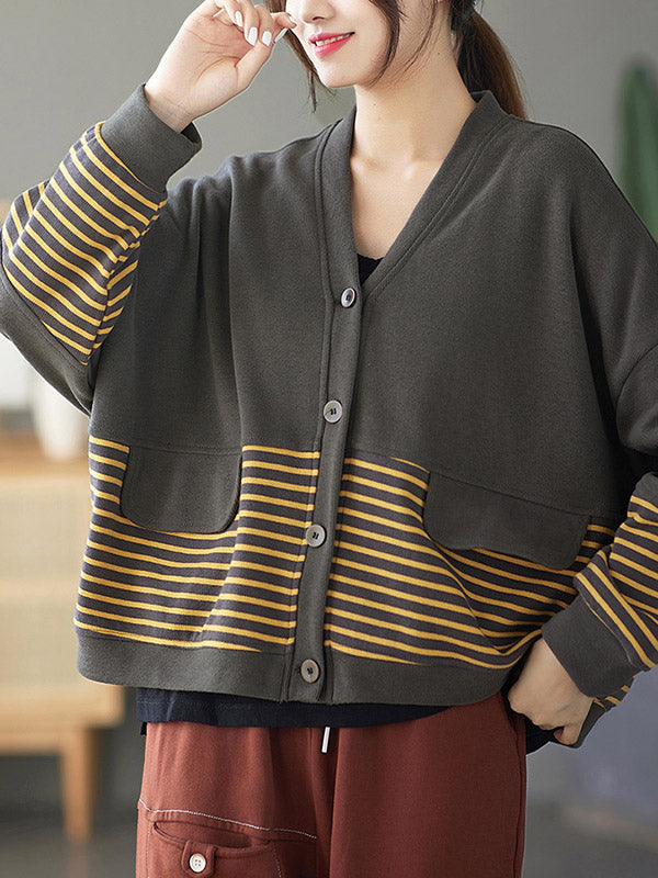 Casual Striped Buttoned V-Neck Batwing Sleeve Outerwear