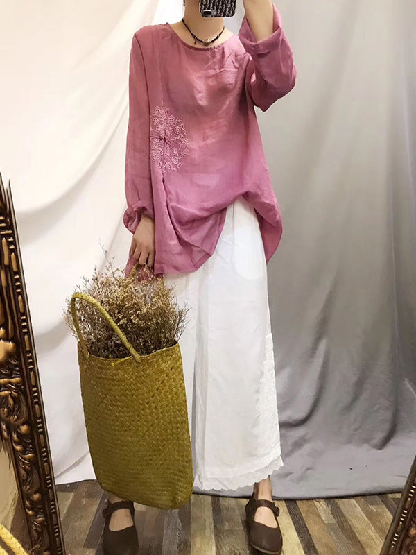 Vintage Ramie Cotton Embroidered Round-Neck T-Shirt Tops