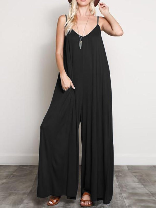 Burgundy&Black Loose Sleeveless Wide Leg Jumpsuits