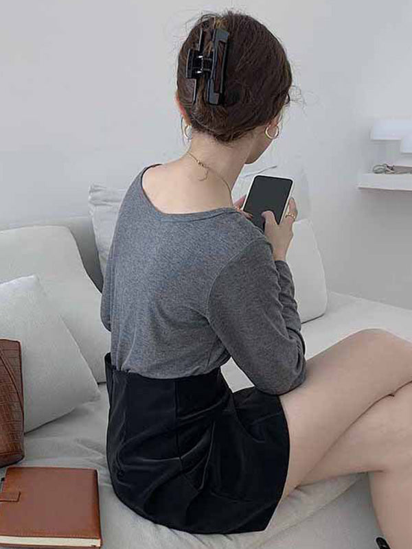 Casual Solid Color Long Sleeves Round-Neck T-Shirt Tops