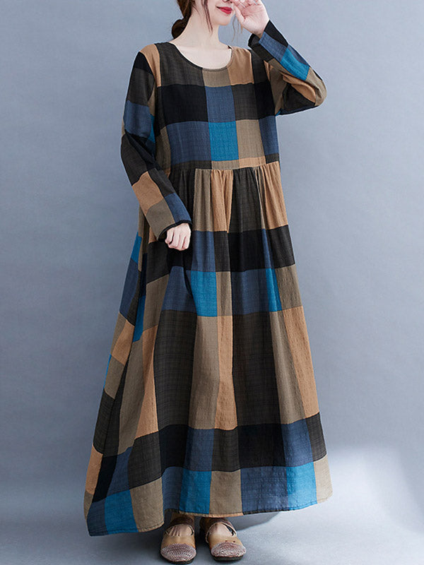 Vintage Ramie Cotton Long Sleeves A-Line Maxi Dresses