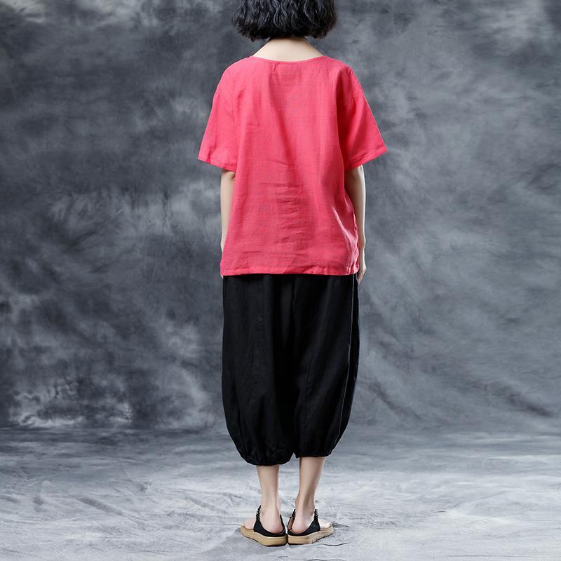 Casual Summer Short Sleeve Embroidery Red Blouse