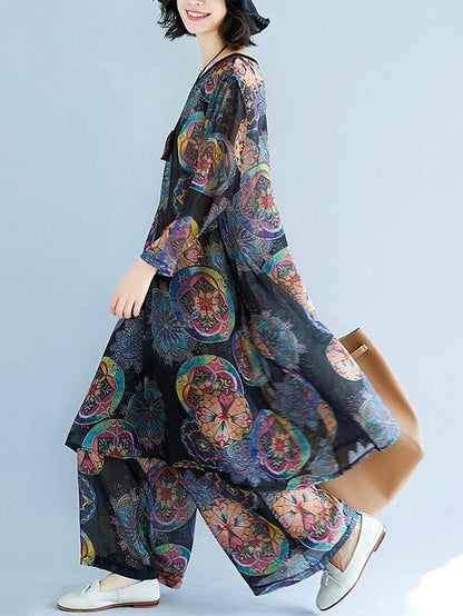 Loose Chiffon Floral Printed Long Shirt+Pants Suits