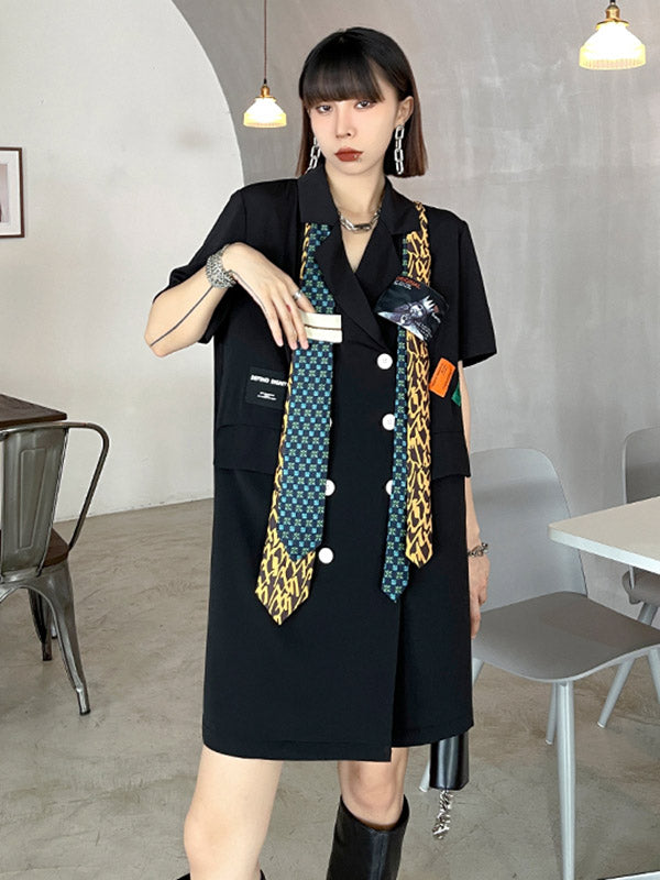 Stylish Buttoned Tie Split-Joint With Pocket Applique Notched Collar Short Sleeves Mini Shirt Dress