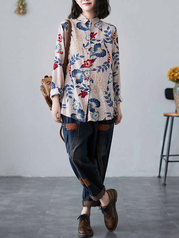Artistic Retro Floral Printed Buttoned Lapel Collar Long Sleeves Blouse