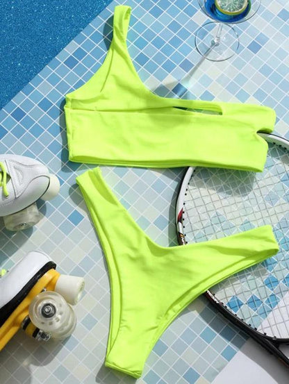 One Shoulder Plain Hollow Bikini Set
