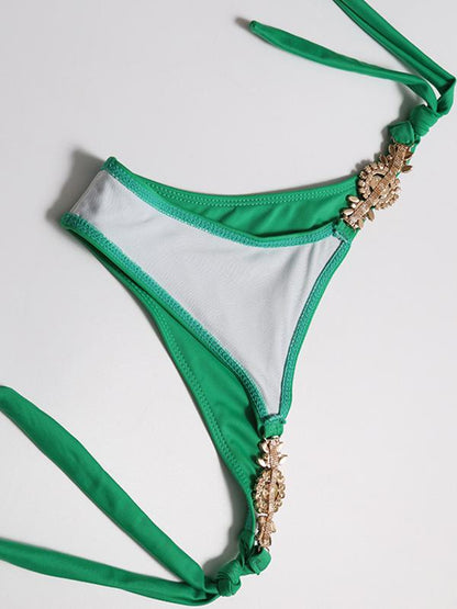 Solid Color Imitated Crystal Decorated Bikinis Swimwear