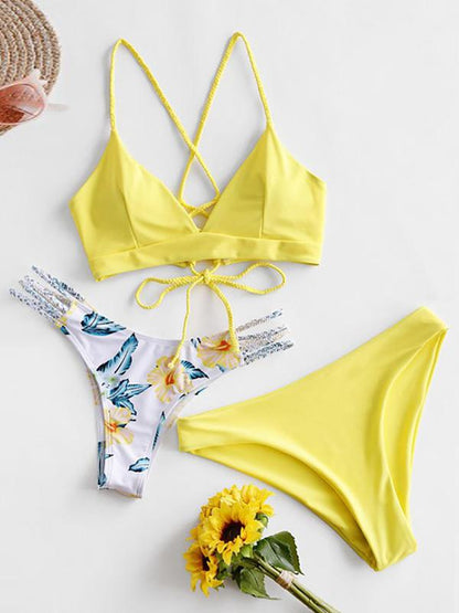 Solid Color & Floral-Print Three-Piece Split Bikini Swimsuit