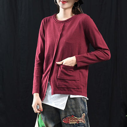 Buykud Solid Color Single Pocket Round Neck Casual Blouse