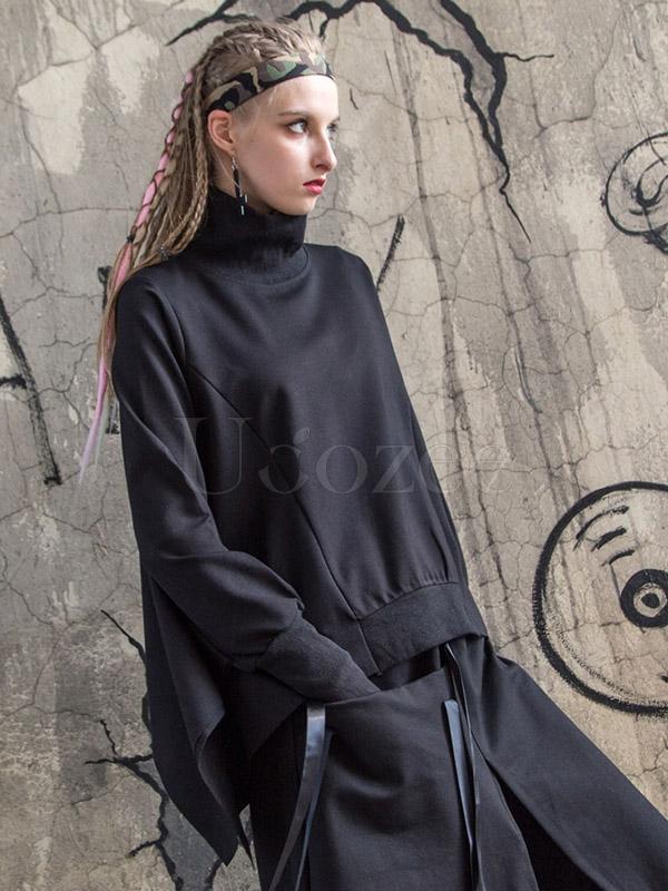 Black Batwing Sleeves High-neck Split-joint Sweatshirt