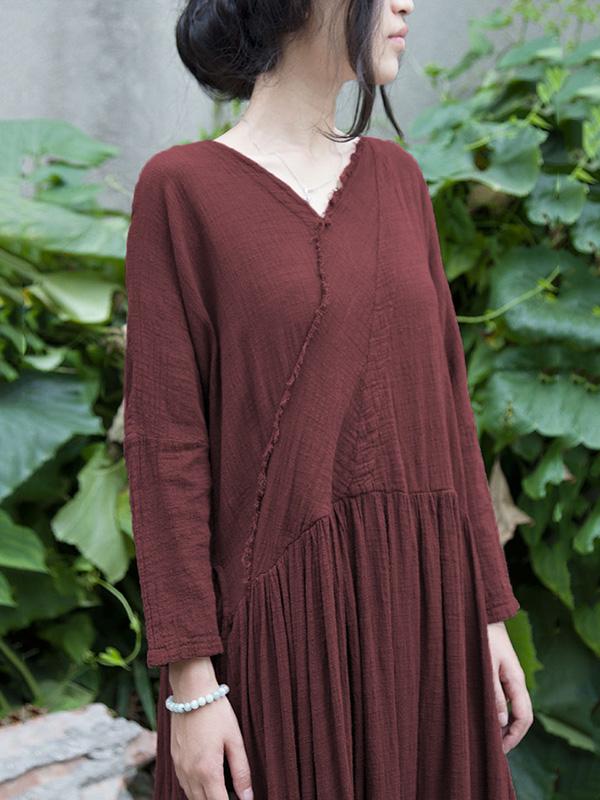 Ramie Cotton V-neck Loose Vintage Solid Midi Dresses