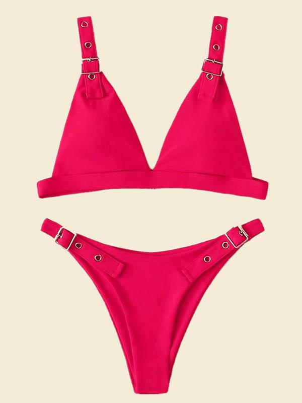 Solid Color Adjusting Buckle Split Bikini Swimsuit
