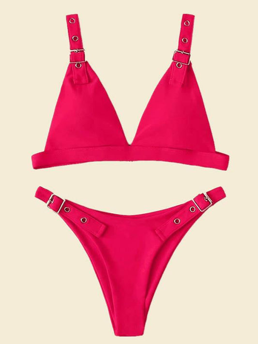 Solid Color Adjusting Buckle Split Bikini Swimsuit