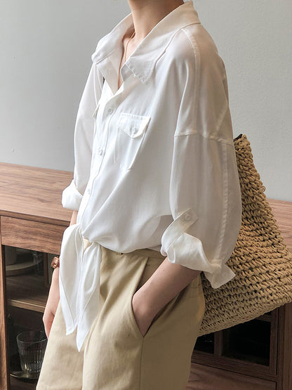 Urban Simple Solid Color Buttoned Split-Joint With Pocket Lapel Collar Long Sleeves Blouse