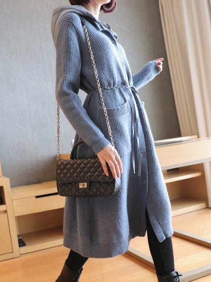 Casual Loose Solid Color Split-Joint With Pocket Buttoned Drawstring Hooded Long Sleeves Knitted Cardigan Outwear