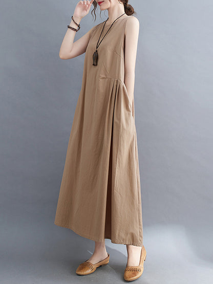 Simple Casual Loose Solid Color Pleated Midi Dress