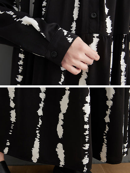 Stylish Buttoned Printed Long Sleeves Stand Collar Loose Midi Dress