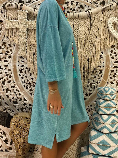 Solid V-neck Loose Midi Dress