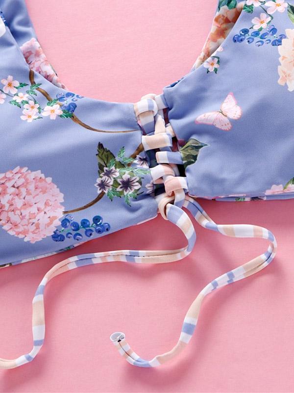Lace Up Floral Bikini Swimsuit