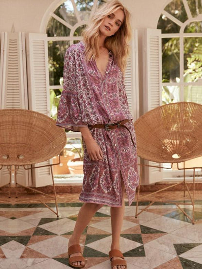 Printed V-nek Loose Hollow  Midi Dress