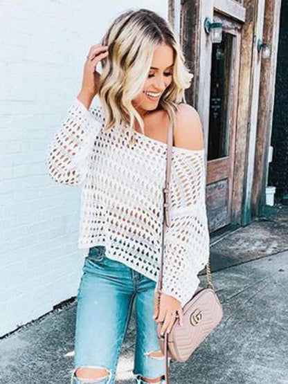 White Long Sleeve Hollow Blouses&Shirts Tops