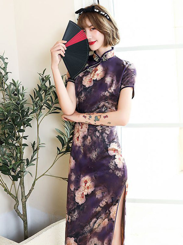 Vintage Floral Printed Split-Side Short Sleeves Stand Collar Long Cheongsams