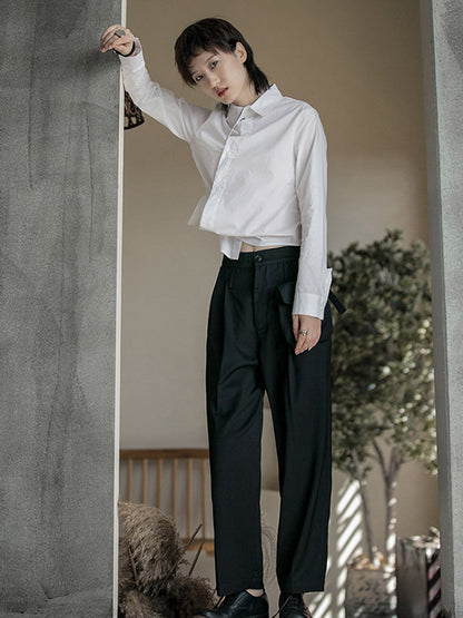 Urban Asymmetric Solid Color Buttoned Lapel Long Sleeves Blouse Tops