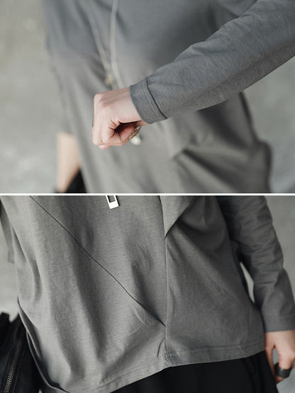 Casual Solid Color Pleated Long Sleeves Round-Neck T-Shirt Tops