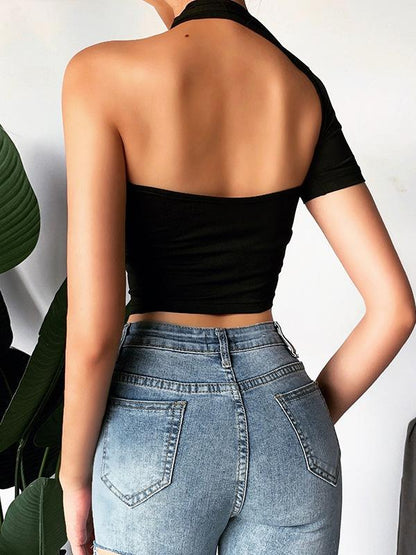 Sexy Solid Cropped One-Shoulder Vest Top