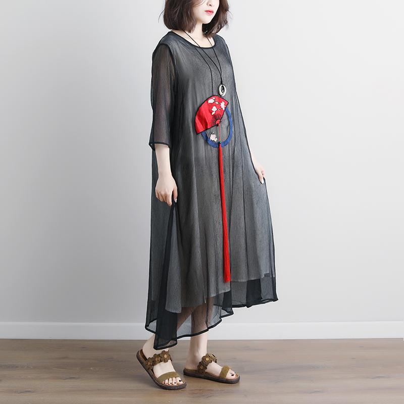 Black Summer Fake Two-piece Pockets Retro Tassel Dress